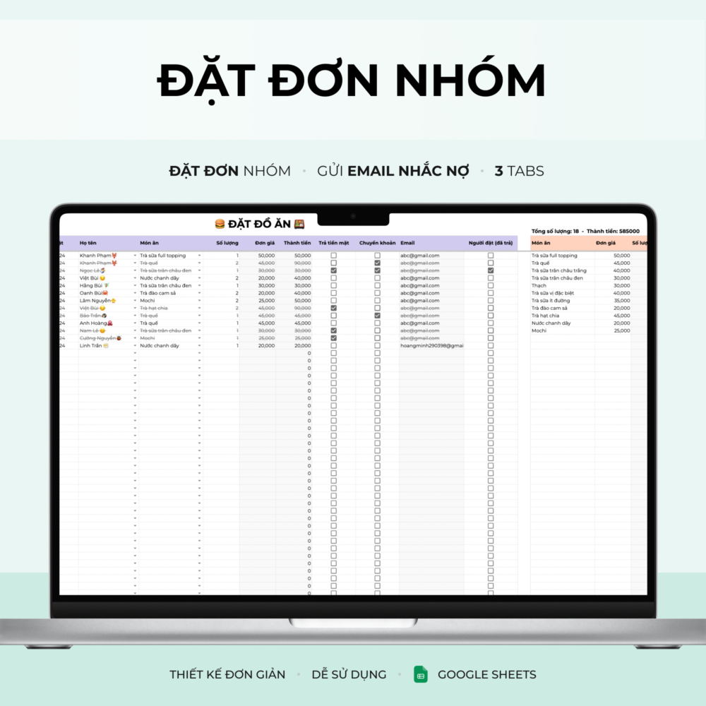 Đặt đơn nhóm - Google Spreadsheets Template