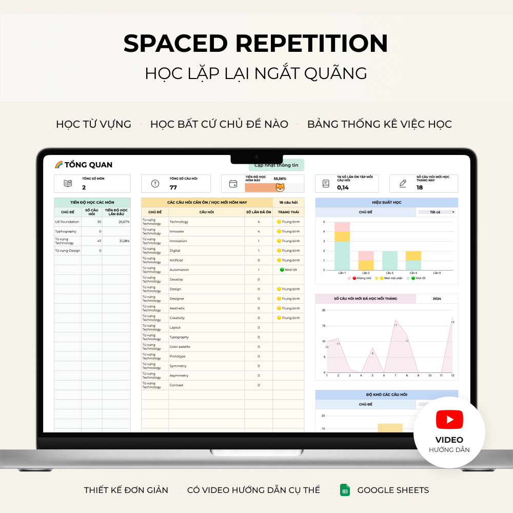 Học từ vựng & mọi thứ với Spaced Repetition - Google Sheets Template